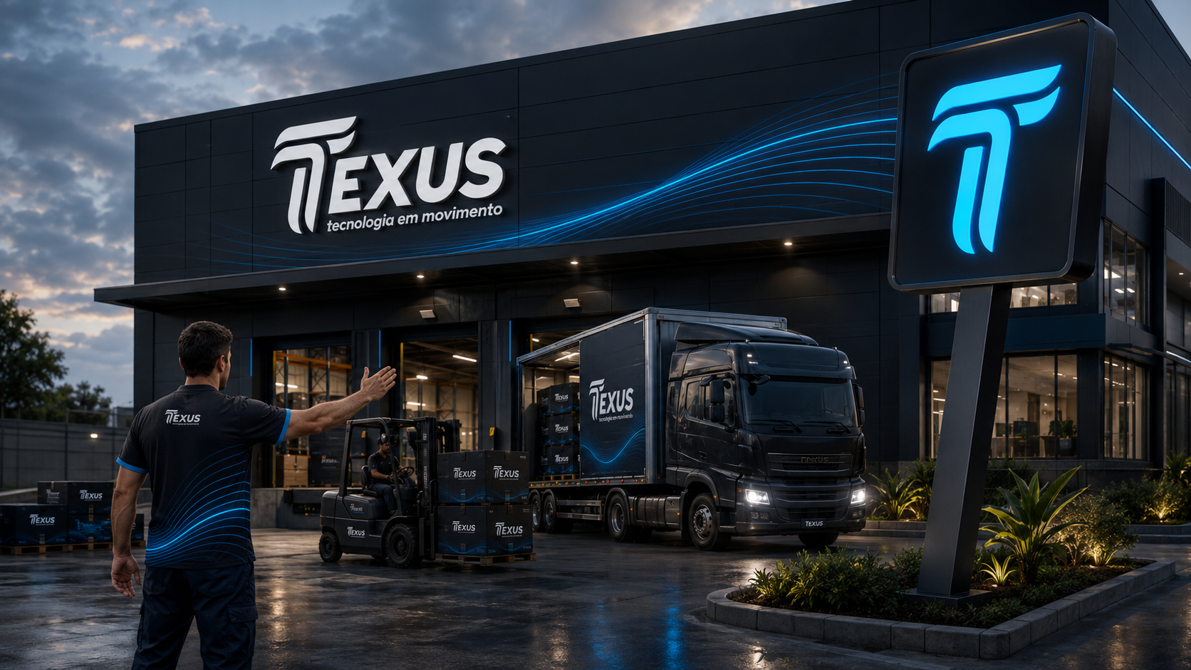 Fachada do centro de distribuição TEXUS ao entardecer